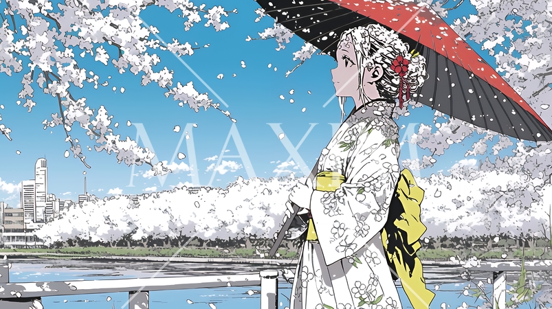 満開の桜の木の下を歩く若い女性