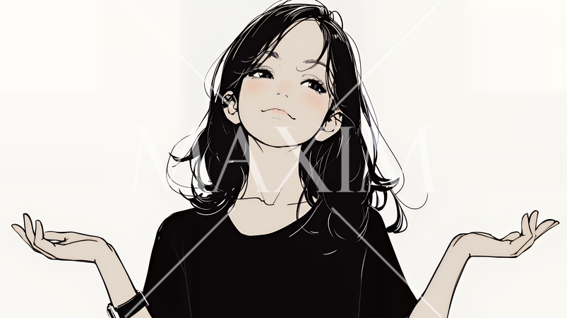 肩をすくめて困惑・諦めの仕草をしている若い女性（シンプルな色使い）