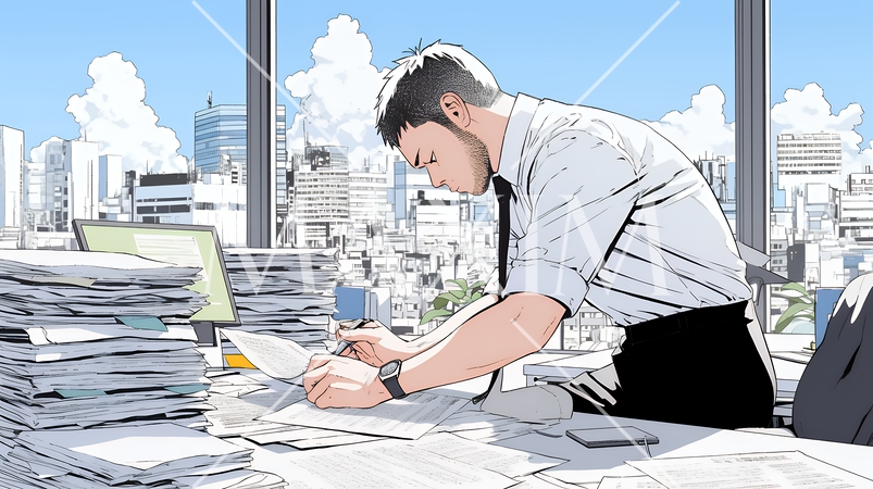 オフィスのデスクで、入念に書類をチェックする男性