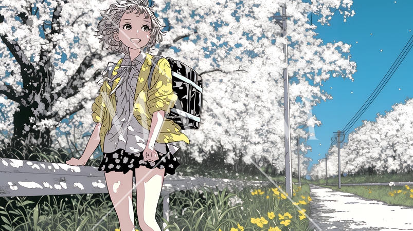 満開の桜の木の下を歩く若い女性