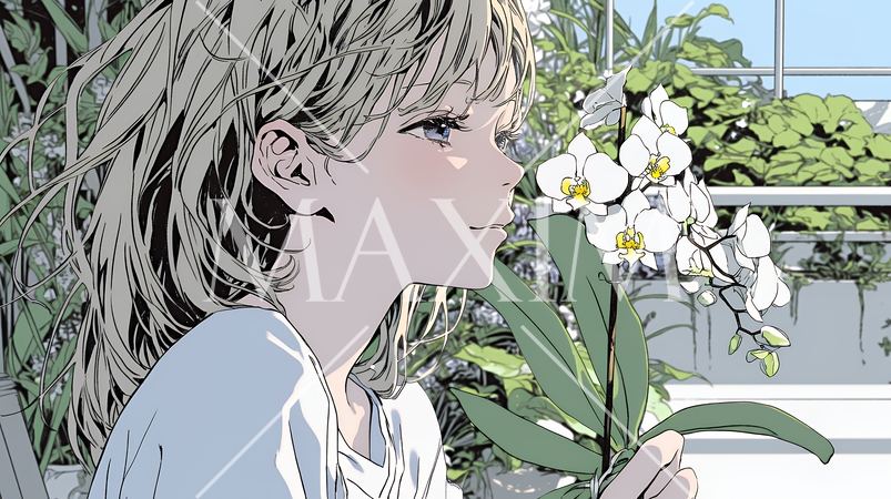 蘭の花と若い女性