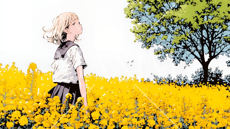春風の中、菜の花畑にいる制服姿の女子高生
