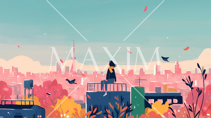 都市の町並みと青空（ポップでキュートな色使い）