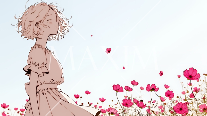 コスモス畑にいる若い女性（シンプルな色使い）