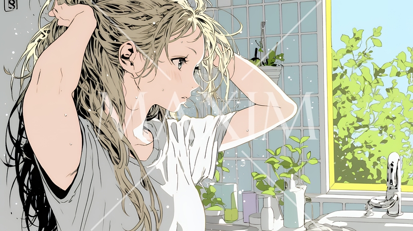 朝支度：洗面所で髪をまとめている若い女性