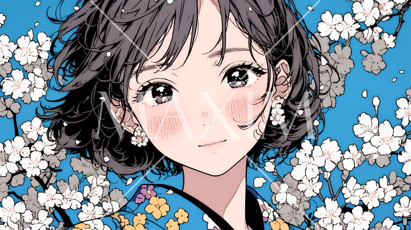 満開の梅の花と和服姿の若い女性