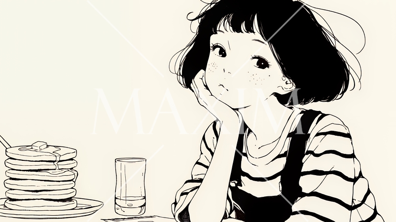 早朝のダイナー（喫茶店）でパンケーキ（モーニングセット）を食べる若い女性（シンプルな色使い）