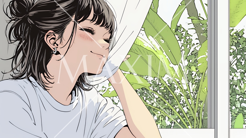 朝、カーテンを開けて天気を確認する若い女性