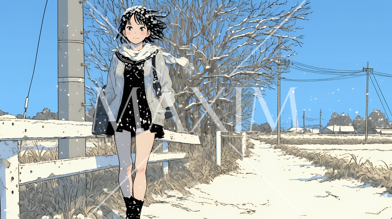 雪解けでぬかるんだ道を歩く若い女性