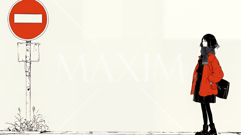 Noという意思表示：進入禁止マークと無表情な女性で表現（シンプルな色使い）