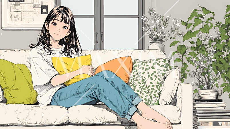 ソファでクッションを抱えてくつろぐ若い女性