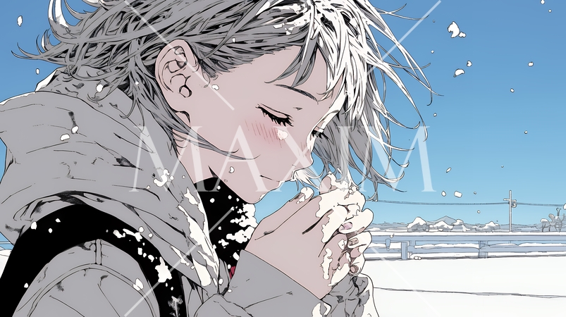 かじかんだ手に息を吹きかけて温めている若い女性