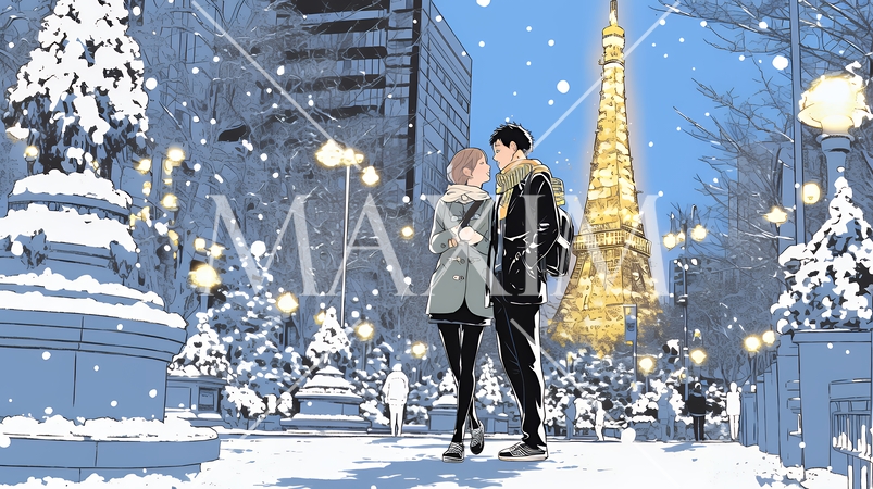 クリスマスイルミネーションの街でデートしているカップル