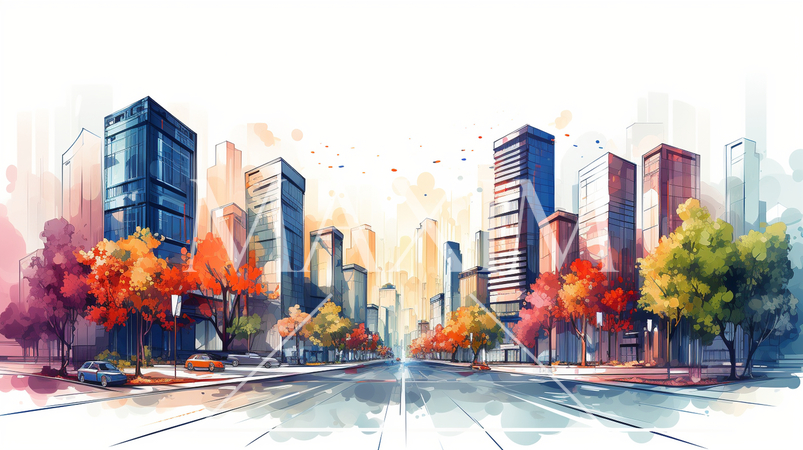 ビルが建ち並ぶ都市の外観イメージの水彩画