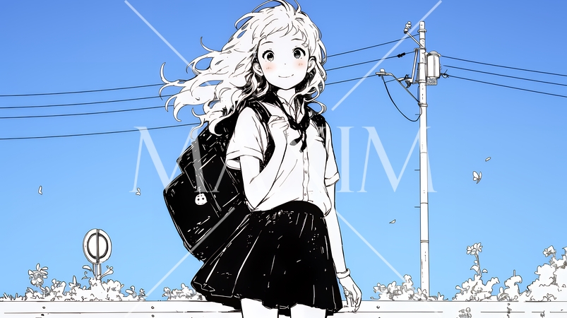 若い女性が佇む都市の街角（シンプルな色使い）