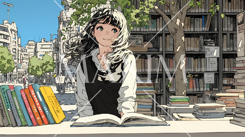 書店で本を選ぶ女子高生