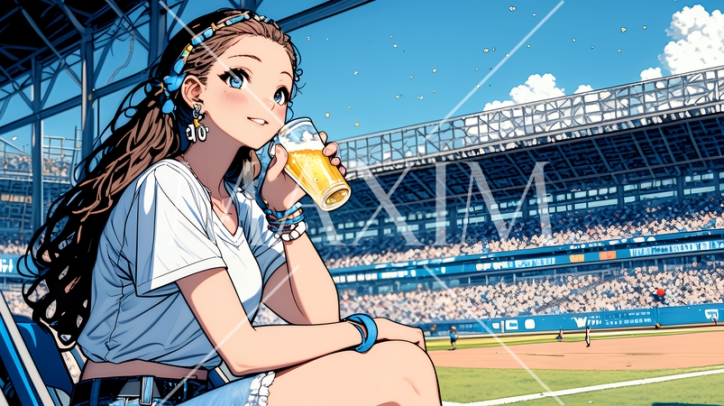 野球などの屋外スポーツを観戦しながら、ビールを楽しむ若い女性。