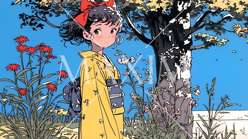 紅葉に包まれた中、着物を纏った若い女性が佇んでいる