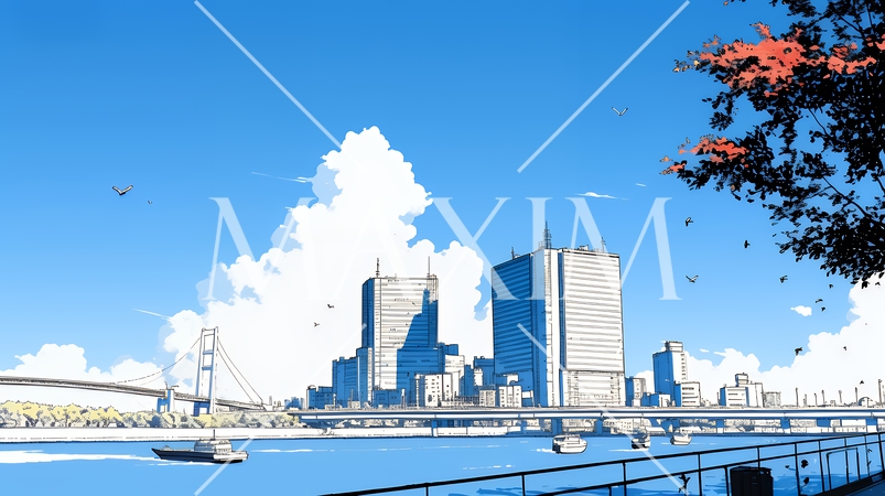 都市の町並みと青空（シンプルな色使い）