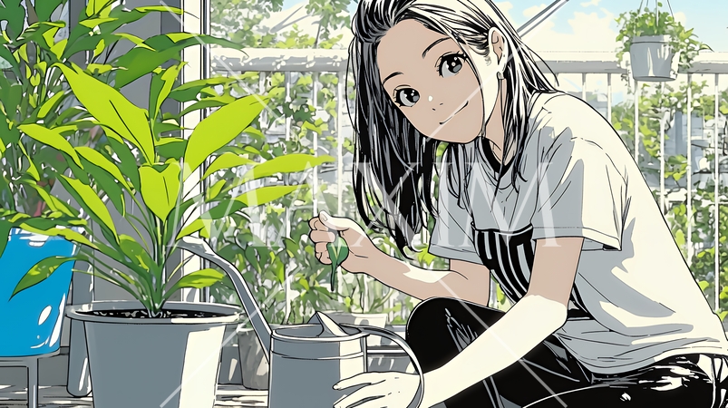 観葉植物の世話をする若い女性