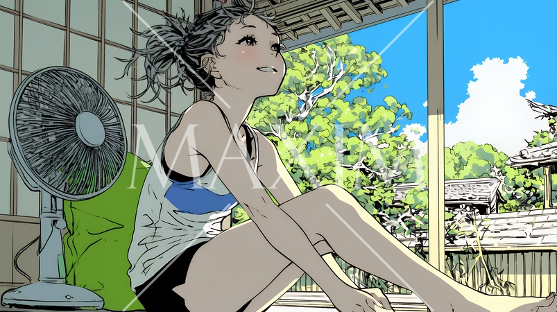 暑い夏の昼下がり、扇風機にあたって涼んでいる若い女性