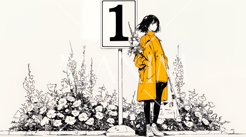 数字の「1」を掲げている若い女性（シンプルな色使い）