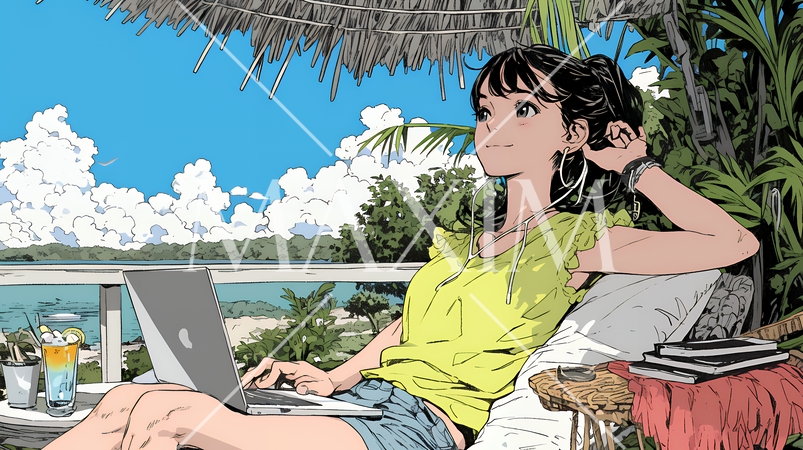 ワーケーション：休暇を楽しみながら仕事をしている女性