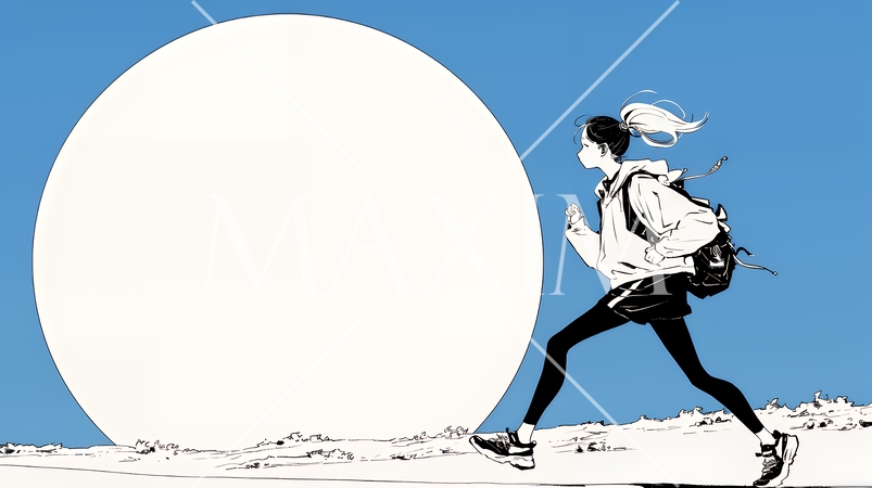 夕日を背景にジョギングをする若い女性（シンプルな色使い）