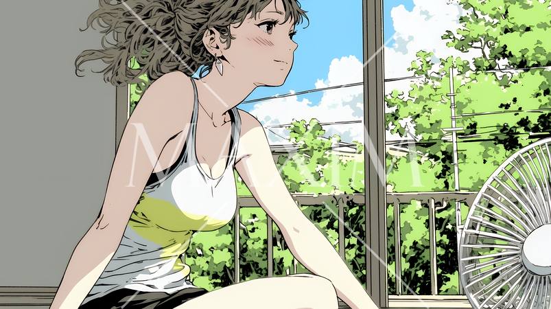 暑い夏の昼下がり、扇風機にあたって涼んでいる若い女性