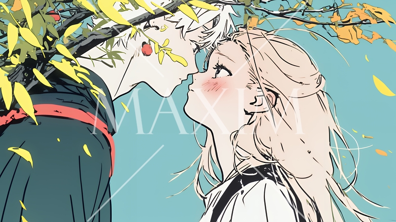 秋の紅葉の下でキスをしている若い恋人たち