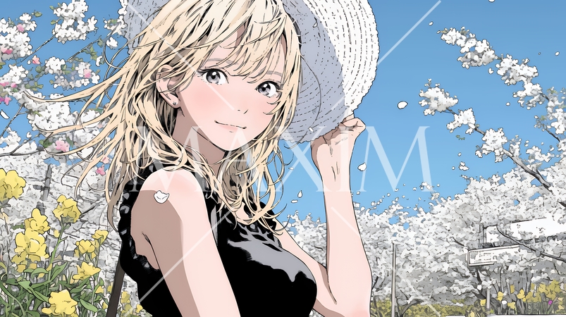 春風に飛ばされそうな帽子を、手で押さえる若い女性