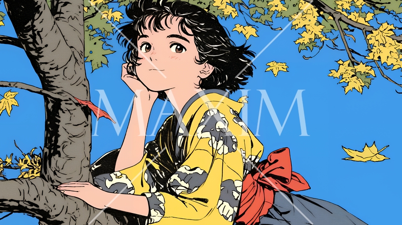 紅葉に包まれた中、着物を纏った若い女性が佇んでいる