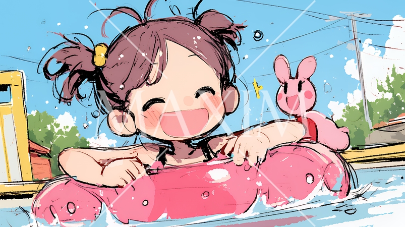 小学生の夏の思い出：プールに遊びに行く（クレヨン＋水彩画風）