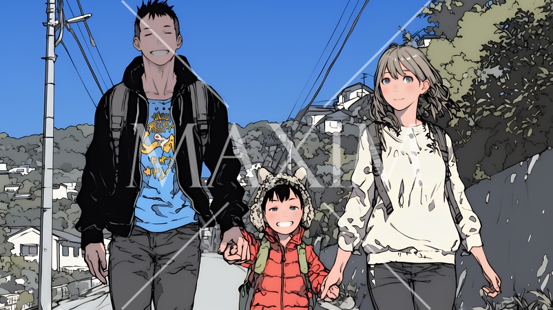 仲の良い家族：父親、母親、その子どもが仲良く連れ立って歩いている