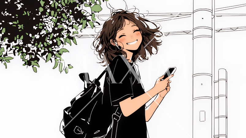 嬉しそうな表情でスマホを使っている女性（シンプルな色使い）