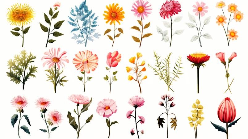 バリエーション豊かな色々な花のアイコンのリファレンスシート