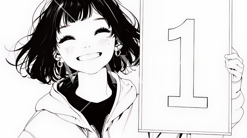 数字の「1」を掲げている若い女性（シンプルな色使い）