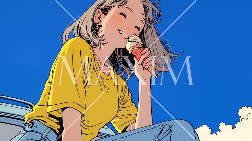 夏空の下でソフトクリーム（コーンに乗ったアイスクリーム）をたべる若い女性