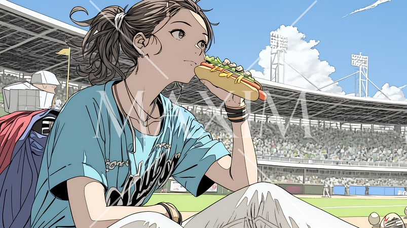 野球などの屋外スポーツを観戦しながら、ホットドッグを頬張る若い女性。