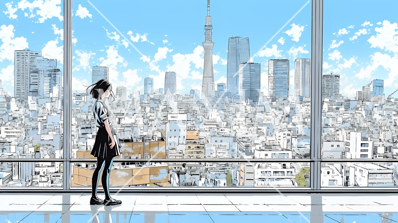 高層ビル群を見下ろすキャリア女性