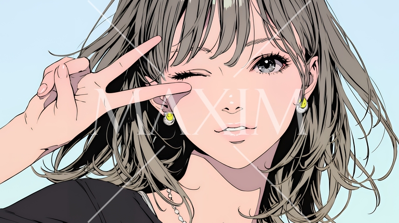 アイドルのように顔の横でピース＋ウィンクしている若い女性