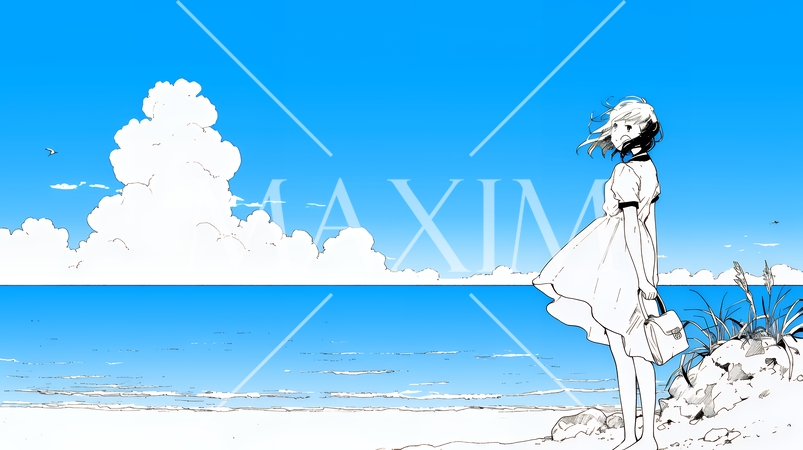 一人旅の若い女性と夏のビーチの風景（シンプルな色使い）