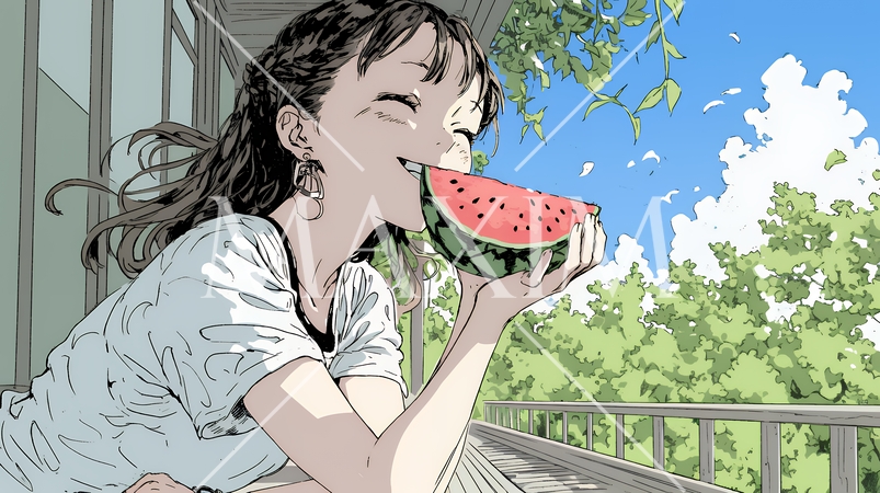 スイカを縁側で食べている若い女性