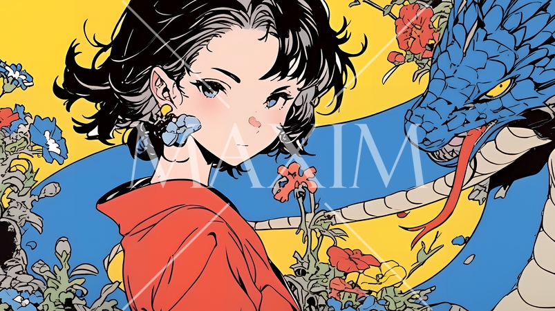 年賀状用：ヘビとなかよしの若い女性