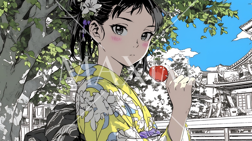 和服姿でリンゴ飴を持つ若い女性