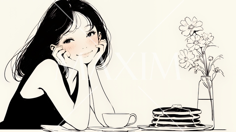 早朝のダイナー（喫茶店）でパンケーキ（モーニングセット）を食べる若い女性（シンプルな色使い）