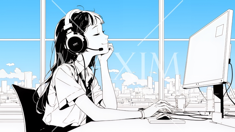 近代的なコールセンターのオフィスで働く女性オペレーター（シンプルな色使い）