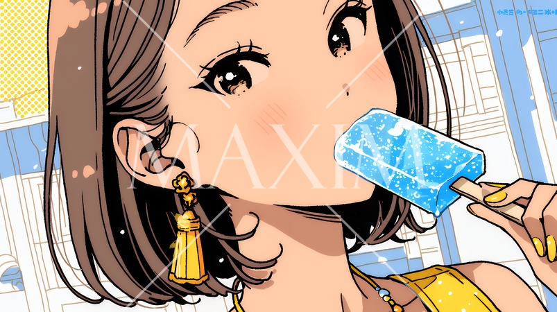 アイスキャンティを食べている若い女性