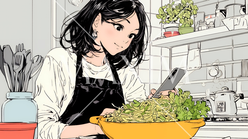 食事の最中もスマホを手放せない若い女性