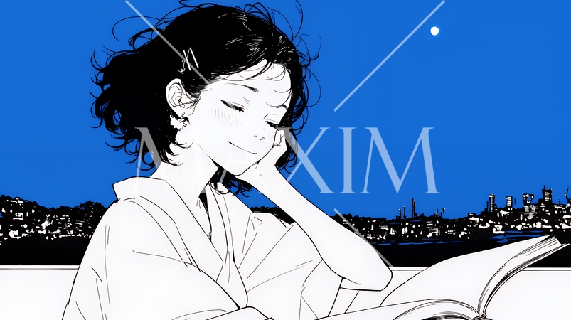 資料（本）を読みながら、うとうと眠ってしまう若い女性（シンプルな色使い）